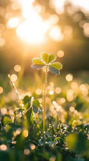 Four-leaf clover standing in grass with dew