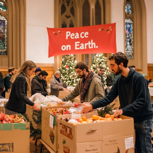 Volunteers sorting donations for Christmas under 'Peace on Earth' banner