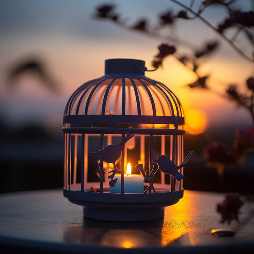 The bird in the cage candle holder with the sunset sun behind