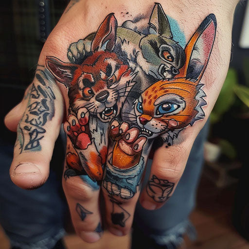 Steve Sack-inspired finger tattoos on men with funny animals
