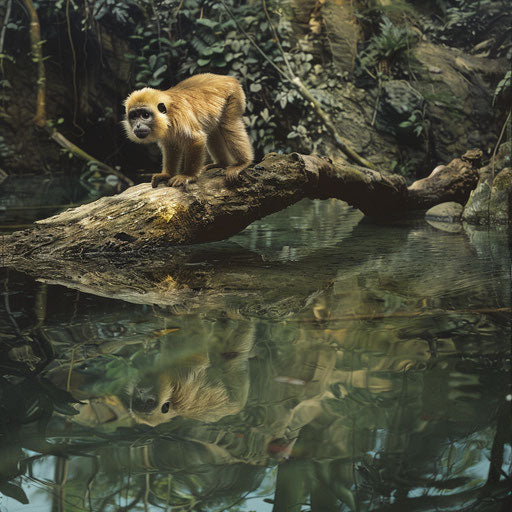 Yunnan snub-nosed monkey on fallen log above crystal stream