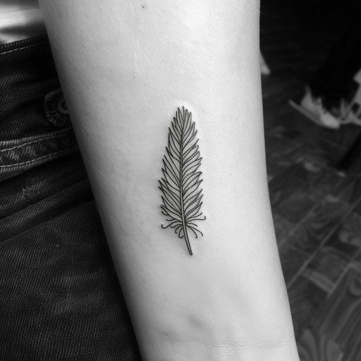 Tiny feather tattoo, in the style of Ami James