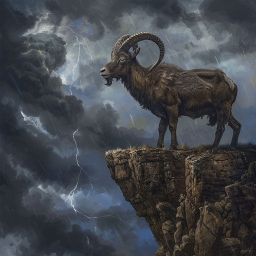Ibex standing on cliff edge with stormy skies