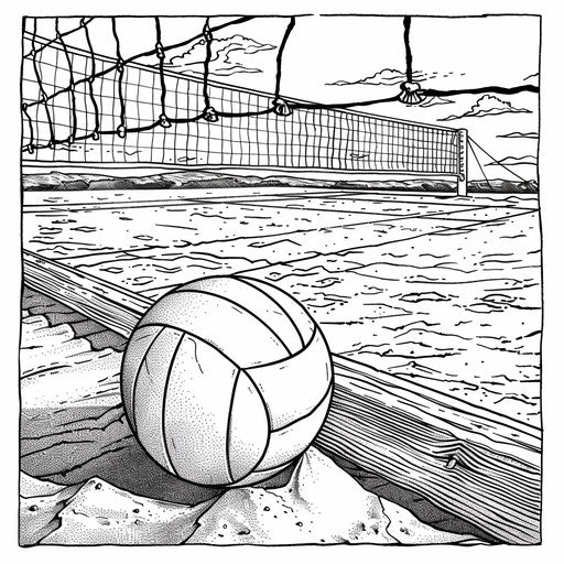 A detailed close-up of a volleyball with a net and sand court. Coloring book page