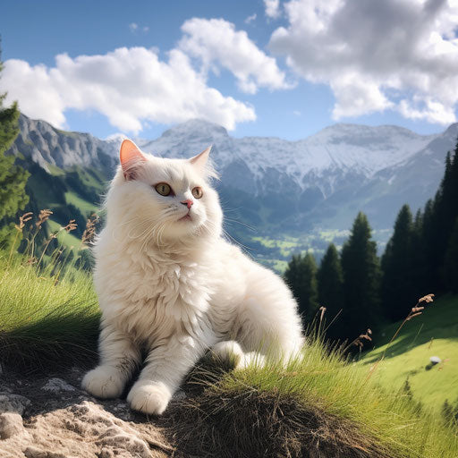 White cat in front of mountain scenery