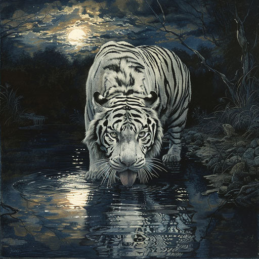 The elusive white tiger drinking peacefully at dusk