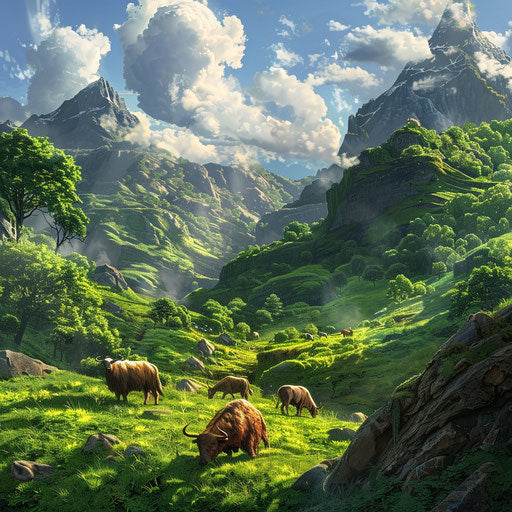 Scene of animals grazing on a lush mountain plateau