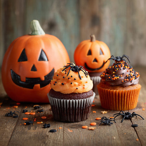 Halloween Celebration with Cupcakes and Pumpkins