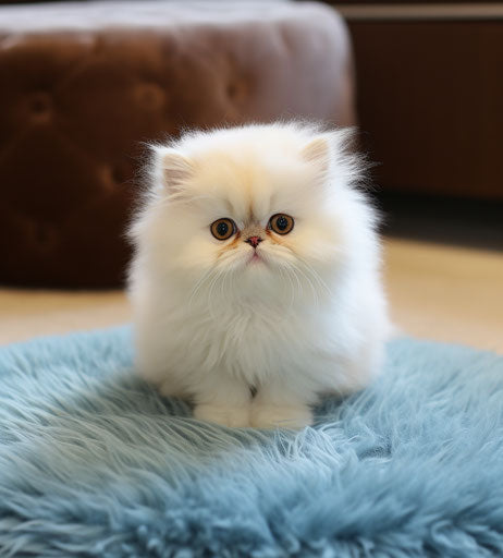 White persian kitten on maroon and indigo carpet