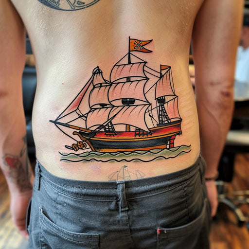 Lower back tattoo of a pirate ship, Sailor Jerry style
