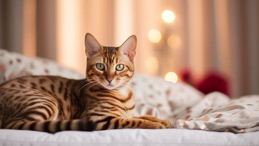 Bengal cat sleeping on bed, light maroon and light gold style, ferrania p30