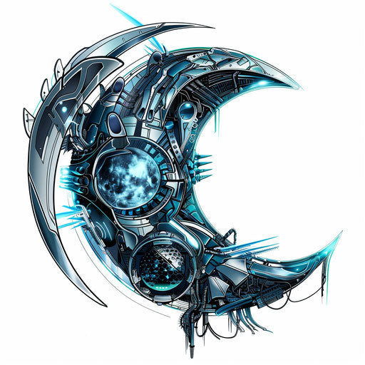 Futuristic cybernetic half moon in neon blue and silver