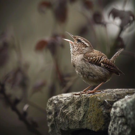 The wren with open beak, perched on a stone wall