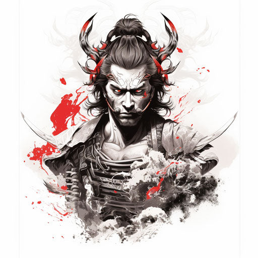 Black and white drawing of a samurai in colorful style