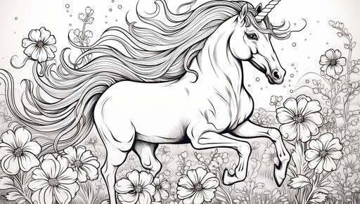 Unicorn running in the flower coloring page, stylish and captivating