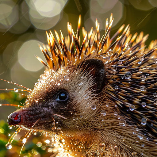 Hedgehog spines adorned with small glistening dewdrops