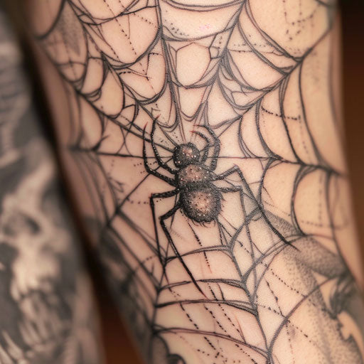 Intricate spider web with lurking black widow, horror tattoo on white canvas