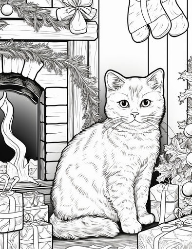 Christmas coloring pages with a cat by the fireplace and gifts
