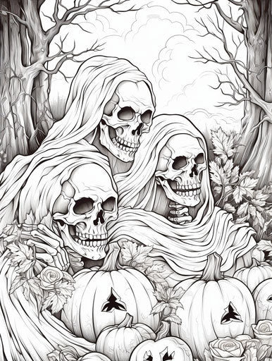 Halloween coloring page with grave head and pumpkins
