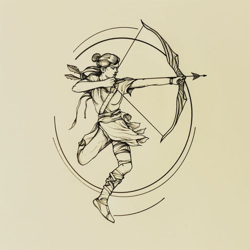 Minimalist flat tattoo sketch of Artemis in a dynamic hunting pose