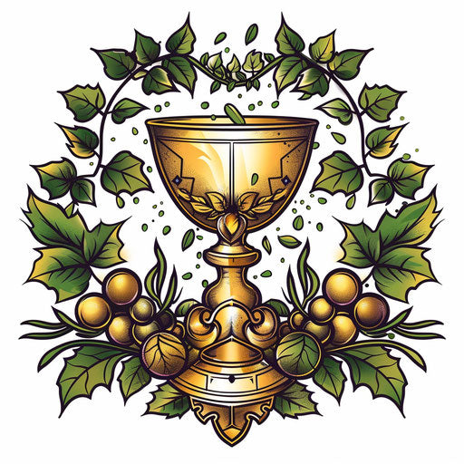 Holy Chalice surrounded by vine leaves, tattoo design in gold and green
