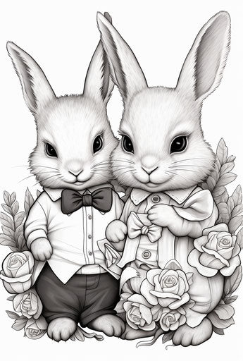 Two bunnies holding a flower coloring page, in the style of Jan Urschel, Annick Bouvattier, Valentine Hugo, Fujifilm Neopan, Flickr, detailed costumes, precisionist lines 23:34