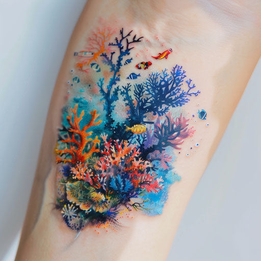 Water tattoo of underwater coral reef scene