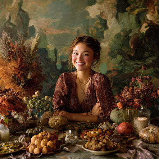 A smiling woman behind an autumn-themed dinner table