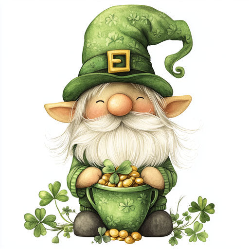 Saint Patrick's Day, Cute Gnome with pot of gold and shamrocks, green hat