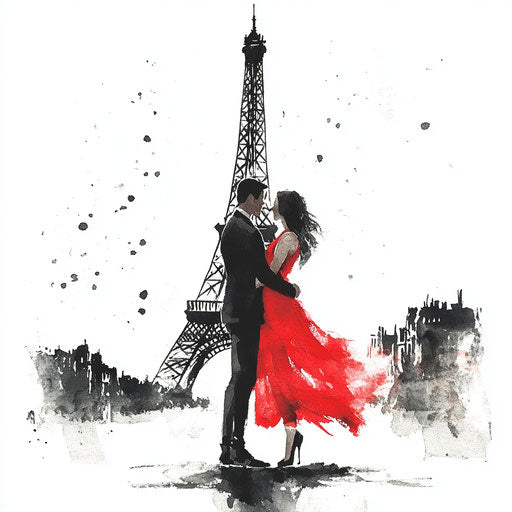 Eiffel Tower watercolor with couple in love in red dress