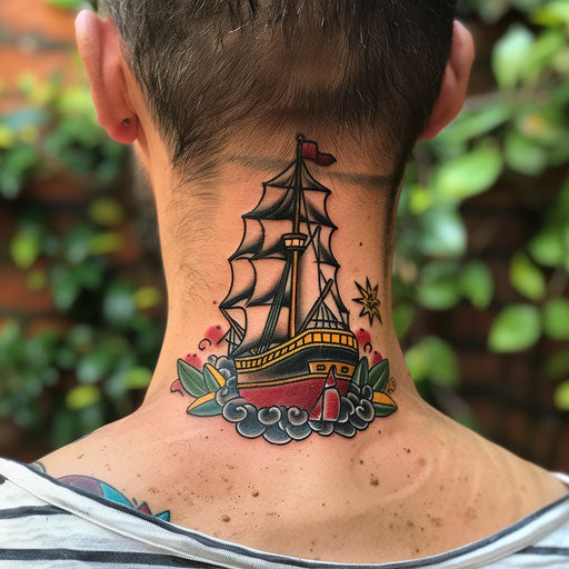 Traditional ship tattoo in the style of Sailor Jerry
