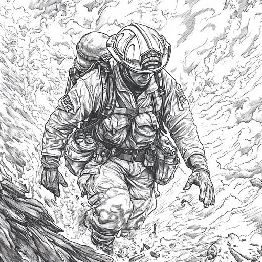 Firefighter in an action-packed scene, intense and dramatic