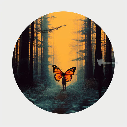 Orange butterfly walking away from us circle sticker