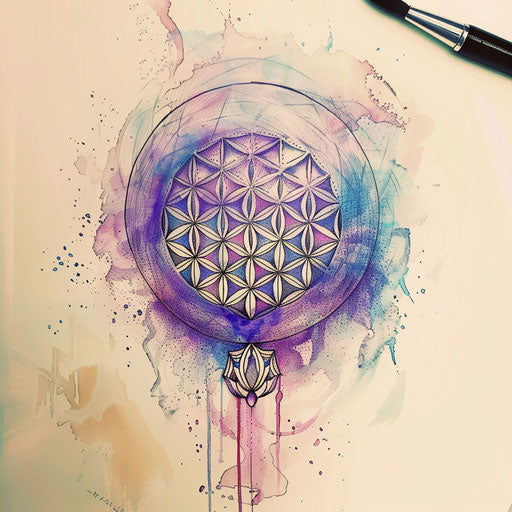 Pastel toned tattoo sketch of the Flower of Life, soft watercolor effects
