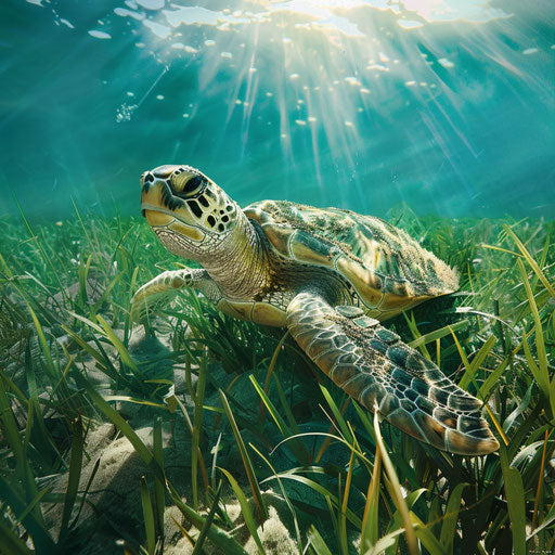 Olive ridley sea turtle in underwater meadow