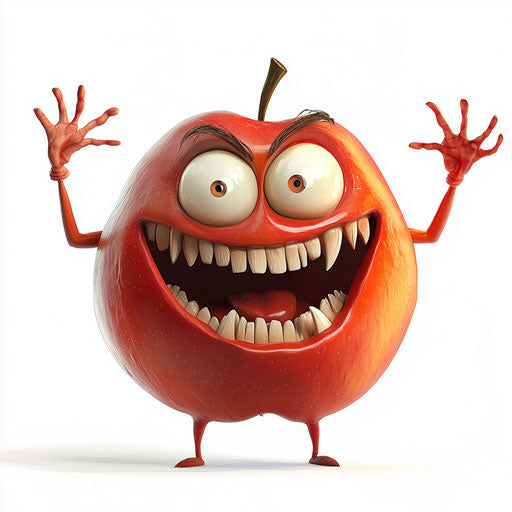 Humorous caricature of a red apple with human characteristics