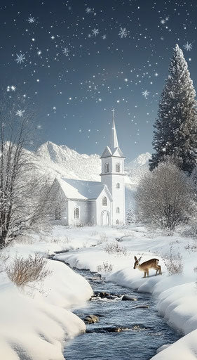White church in snow with wildlife