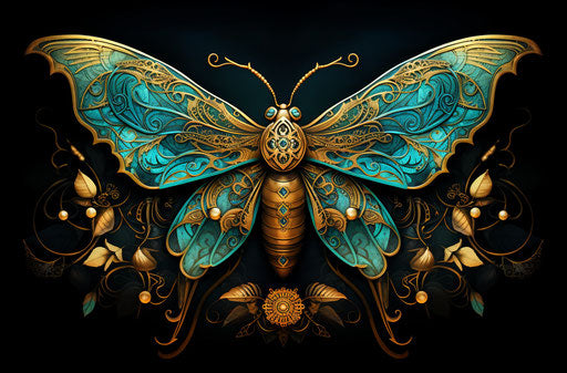Colorful moth tattoo in gothic style with cyan and bronze colors