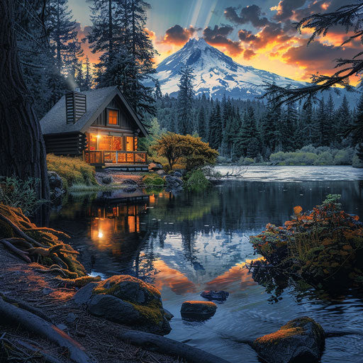 Cabin in the woods by a river in the Pacific Northwest, Trillium Lake with Mount Hood in background, sunrise, sunset