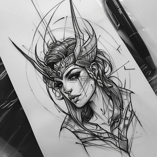 Bold tattoo sketch of Artemis with sharp, angular features