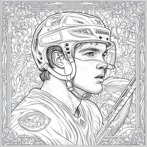 Hockey player portrait with detailed background, Detmold style, Coloring page