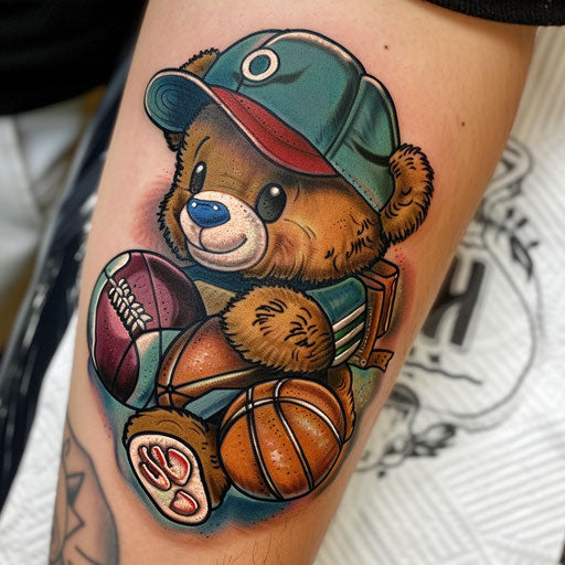 Teddy bear tattoo with sports themes