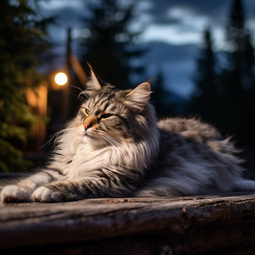 Norwegian forest cat lounging outside at night