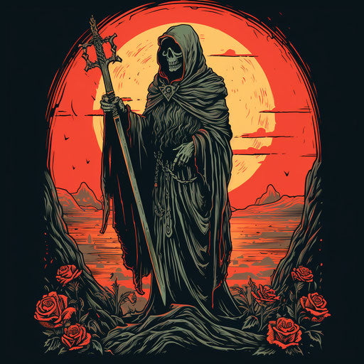grim reaper with sword, hand drawn illustration in angura kei