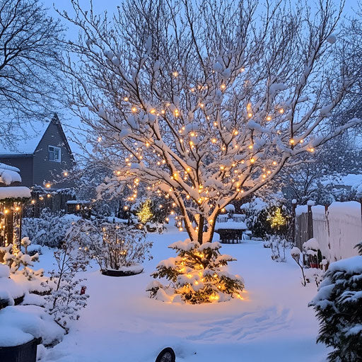 Snow-covered backyard with solar lights on tree