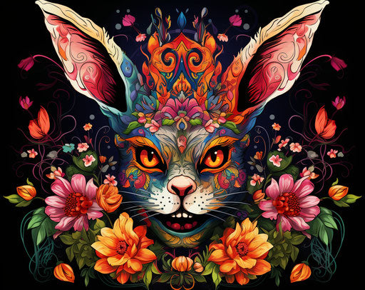 Hand drawn zombie rabbit, neo-traditional Japanese style