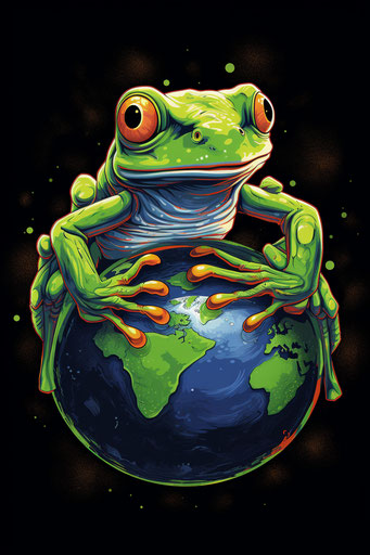 Tree frog shaped like planets, classic tattoo style