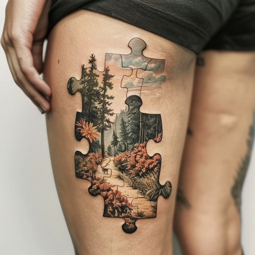 Detailed nature scene tattoo in photorealistic puzzle piece