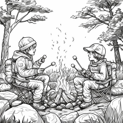Best friends around a campfire, roasting marshmallows
