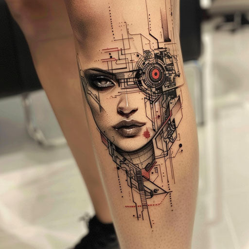Female tattoos with cyberpunk motifs, in the style of Adrian Smith